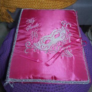 Sweet 16 Hot Pink Silver Embroidered Mask Distressed Pillow Sign In Book